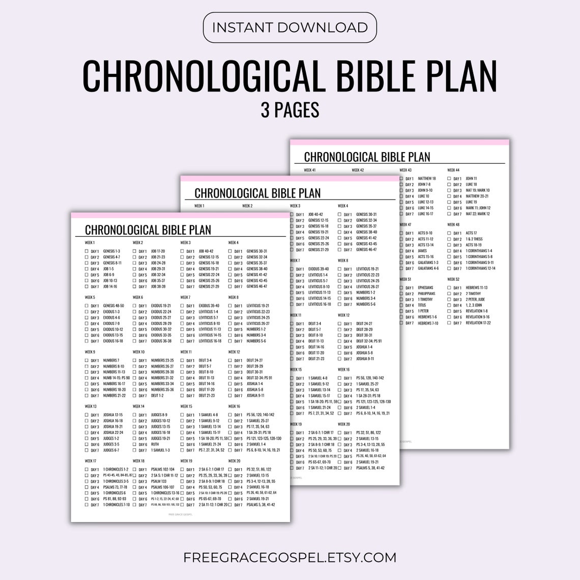 Bible Reading Plan Printable, Chronological Bible Reading Plan, 1 Year