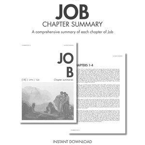May include: A digital document titled JOB CHAPTER SUMMARY in A4 size. The page features the text JOB, Chapter summaries, and a black and white illustration of figures in a landscape. The text includes detailed summaries of chapters 1-4 of Job.