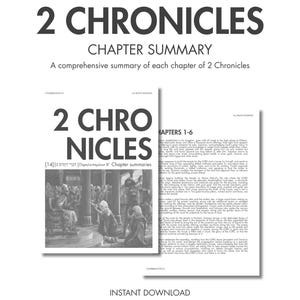 May include: A digital document titled 2 Chronicles Chapter Summary in A4 size. The page features the text 2 Chronicles, chapter summaries, and a black and white historical illustration of figures in an interior setting with columns and arches.