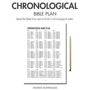 May include: A printable chronological Bible reading plan document with the text CHRONOLOGICAL BIBLE PLAN, A4 | A5 | US LETTER, and a weekly schedule from week 1 to 20. A wooden pencil is positioned vertically on the right side of the document.