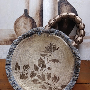 Oriental Style Hobo Bag with Golden Lotus Print, Round Handles and Fringe — Artistic Ricova Bag in Polyester