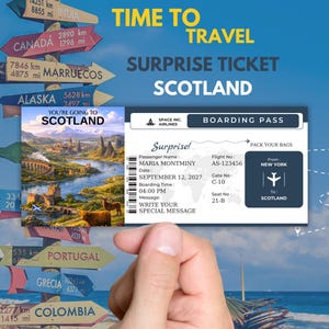 Può includere: Una grafica a tema viaggio con segnali direzionali che puntano a varie destinazioni. È presente un biglietto a sorpresa per la Scozia, insieme a una carta d'imbarco. L'immagine include il testo "Time to Travel" e "Surprise Ticket Scotland."