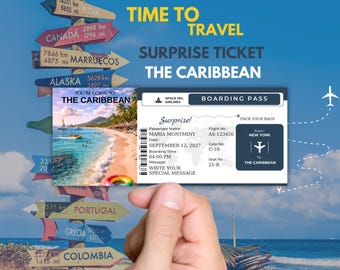 Könnte beinhalten: Eine Grafik zum Thema Reisen mit Richtungsschildern, die auf verschiedene Ziele weisen. Ein Boarding Pass für "Die Karibik" ist abgebildet, zusammen mit dem Text "Time to Travel" und "Surprise Ticket". Das Bild enthält eine Strandszene und eine Hand.