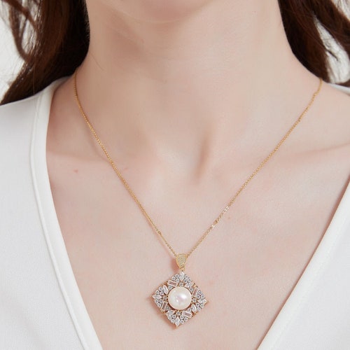 Square shops Pendant CZ White Freshwater Pearl Earrings Gold Vermeil