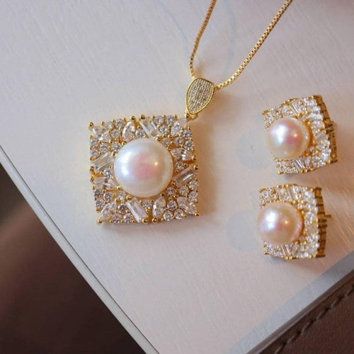 Square shops Pendant CZ White Freshwater Pearl Earrings Gold Vermeil
