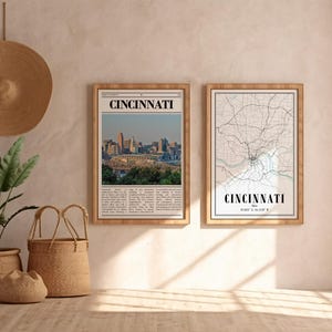 May include: Two framed prints of Cincinnati, Ohio. The print on the left shows a cityscape with the skyline and a bridge. The print on the right shows a map of the city. Both prints have a white background and black text.