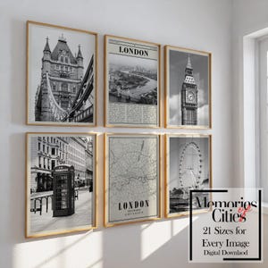 London City Prints Set of 6 London Poster Black and White London Wall Art London Photo Gallery London Map United Kingdom - Digital Download