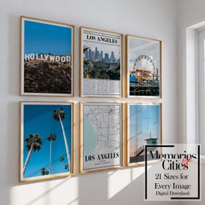 Set de láminas de Los Ángeles, California: 6 láminas de alta calidad con lugares emblemáticos y paisajes urbanos. Decoración moderna para el hogar. Descarga digital.