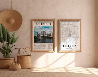 May include: Two framed prints with the city name "COLUMBUS". One print features a cityscape photo, the other a map. A woven hat hangs above, with a potted plant, baskets, and a small decorative sphere in the foreground.