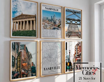 May include: Six framed prints of Nashville, Tennessee, displayed on a white wall. The prints feature images of the city's architecture, skyline, a map, and a bridge. The frames are gold-colored. Text on the prints includes "Nashville" and "Memories of Cities".