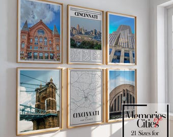 Cincinnati Ctiy Map Landmarks Print Set of 6 Ohio Modern Cityscape Art