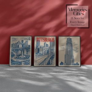 Pittsburgh Pennsylvania Poster Set of 3, Digital Download, Beige City Prints, Pittsburgh Skyline Bridge Cathedral Wall Ar, Home Office Decor