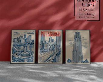 Pittsburgh Pennsylvania Poster Set of 3, Digital Download, Beige City Prints, Pittsburgh Skyline Bridge Cathedral Wall Ar, Home Office Decor