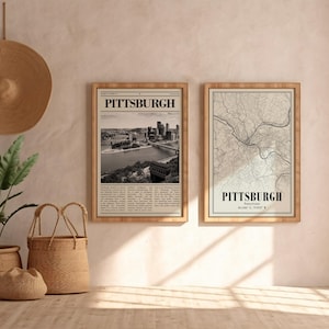 Pittsburgh City (Pennsylvania) afdrukken: zwart-witfoto en kaart, minimalistisch interieur