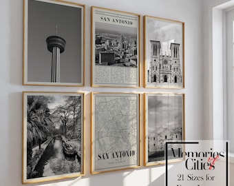 San Antonio Texas City Map Prints: Black and White Photo Gallery Set of 6
