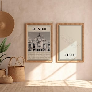Puede incluir: Dos impresiones enmarcadas con la palabra "MÉXICO" se exhiben en una pared. Una presenta una imagen en blanco y negro de un edificio, la otra un contorno de mapa. Un sombrero tejido y cestas están en primer plano.
