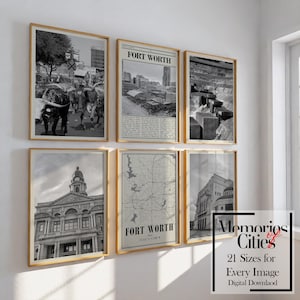 Fort Worth Texas City Map Prints: Black White Photo Gallery Set of 6