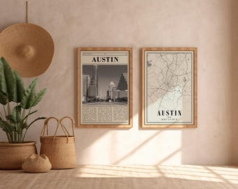 Austin City Prints Set: Texas Black and White Photo & Map Minimalist Home Decor Design