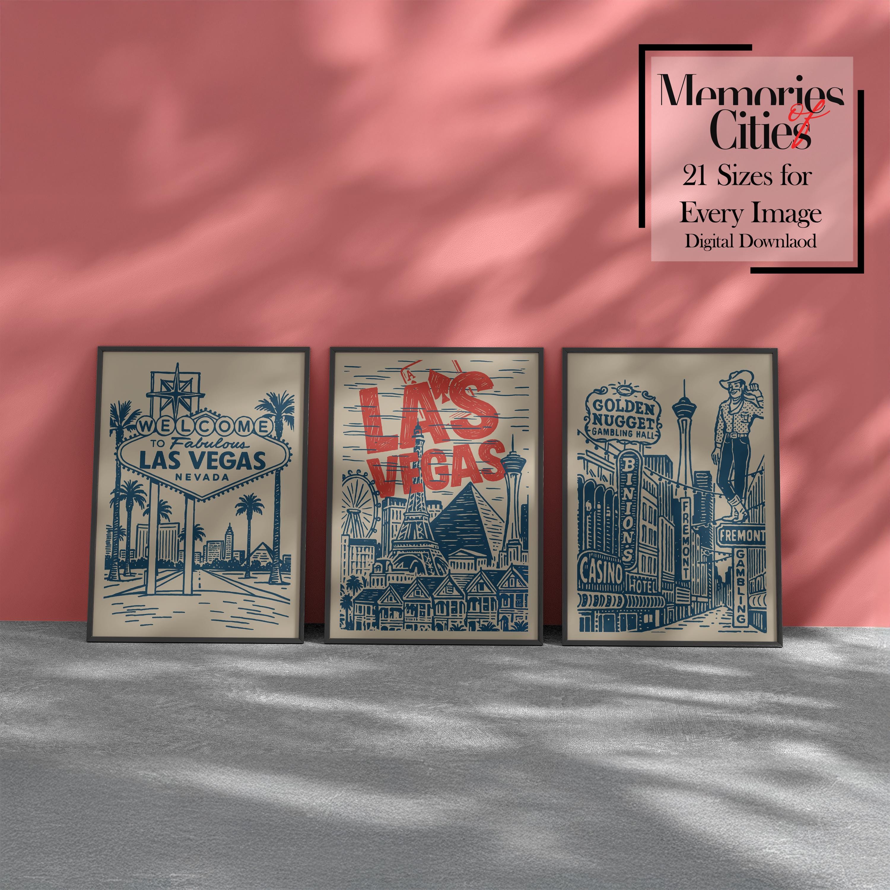 Las Vegas Wall Art Retro Print Set | Vintage Line Art Poster | Welcome Sign Digital Download | Home Office Entryway Decor