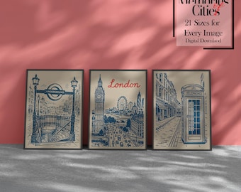 London Wall Art Set of 3 Prints London Sketch Drawing Vintage Blue Line Art Posters Trendy Landmark Wall Art Digital Download