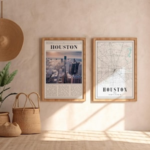Houston City Views Map Texas Poster Set: Landmark Wall Decor
