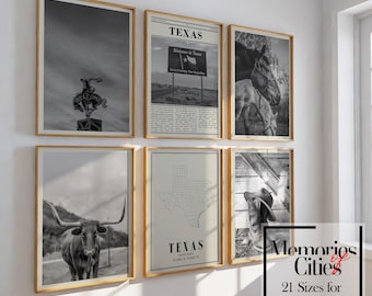 May include: A set of six black and white framed prints featuring Texas-themed imagery. The prints include a welcome sign, a map of Texas, a longhorn steer, a horse, and a cowboy hat. The prints are arranged in a grid pattern on a white wall.