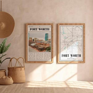 Zestaw plakatów Fort Worth Texas – 2 artystyczne wydruki przedstawiające kultowe zabytki i widoki miasta – nowoczesne prezenty do wystroju domu – pobieranie cyfrowe