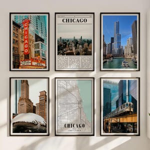 Colorful Chicago skyline at sunset with lake view – bold wall art for living room

Vibrant illustration of downtown Chicago skyscrapers – modern office decor

Artistic poster of Lake Michigan with Chicago backdrop – coastal city vibe

Historic Chicago landmark building in vivid tones – stylish Airbnb decor

Contemporary Illinois state map highlighting Chicago – modern gallery piece

Six-piece Chicago art set framed as gallery wall – vibrant urban interior look