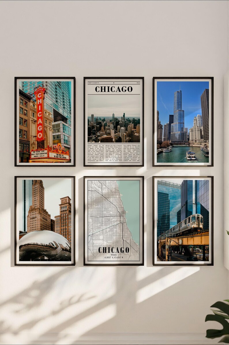 Colorful Chicago skyline at sunset with lake view – bold wall art for living room

Vibrant illustration of downtown Chicago skyscrapers – modern office decor

Artistic poster of Lake Michigan with Chicago backdrop – coastal city vibe

Historic Chicago landmark building in vivid tones – stylish Airbnb decor

Contemporary Illinois state map highlighting Chicago – modern gallery piece

Six-piece Chicago art set framed as gallery wall – vibrant urban interior look
