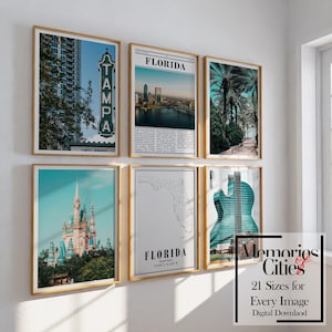 Conjunto de láminas del estado de Florida: 6 láminas de alta calidad con lugares emblemáticos y paisajes urbanos. Decoración moderna para el hogar. Descarga digital.