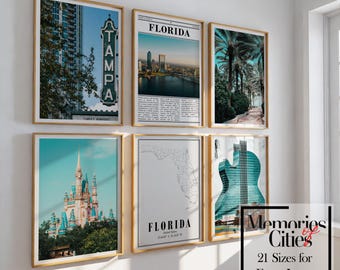 Florida State map Landmarks Print Set  of 6 Sunshine State Home Decor wall design