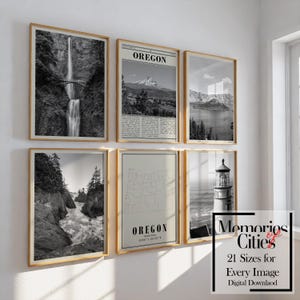 Set di 6 poster da parete in bianco e nero dello Stato dell'Oregon: poster vintage stampabili con città dello Stato per un arredamento neutro