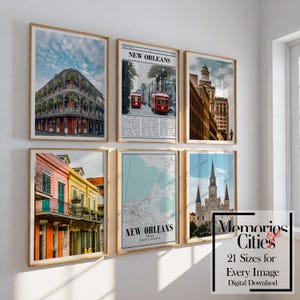 New Orleans Poster Set von 6, Farbe Stadtfotos und Karte, druckbare Wandkunst für Haus, Büro oder Wohnung, digitales Reise-Dekorgeschenk