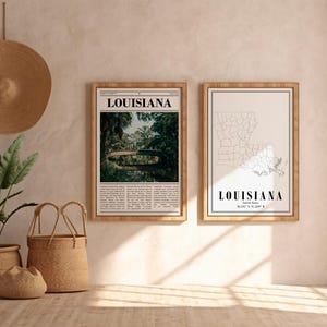 Louisiana Poster Set von 2, Farbe Zustand Karte und Foto, druckbare Reise Wandkunst, Geschenk für Home Office oder südliche Wohnung Dekor