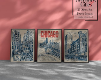 Chicago Retro Line Art Print | Vintage City Poster | Minimalist Digital Wall Art of Chicago Skyline | Printable Home & Office Decor