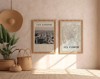 San Antonio City map Prints: Black and White Poster Set of 2 home decor