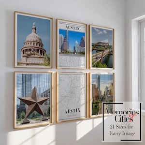 Juego de impresiones de Austin, Texas: 6 impresiones de alta calidad con lugares emblemáticos y paisajes urbanos: decoración moderna para el hogar: descarga digital