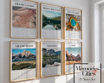 Ensemble d'affiches sur les parcs nationaux : Grand Canyon, Yellowstone, Zion, Yosemite, Grand Teton, Montagnes Rocheuses