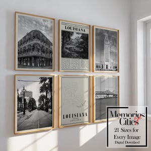 Louisiana Poster Set von 6, Schwarz und Weiß Wandkunst, Foto und Karte der Stadt, druckbare Dekoration für Haus oder Büro, Südläden Digital Download Geschenk