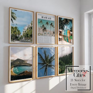 May include: A collection of framed art prints featuring tropical scenes. The prints include images of palm trees, beaches, and cityscapes. One print has the word "HAWAII" in large letters. The frames are gold-colored, and the prints are displayed on a white wall.