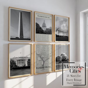 Washington DC Poster Set von 6, schwarz und weiße Wandkunst, Foto der Stadt und Karte, Büro oder Wohnkultur, urban druckbar, digitaler Download