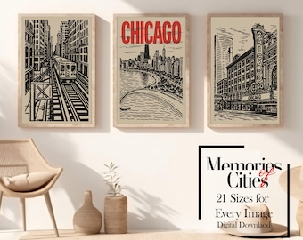 Chicago Retro Black Line Art Red Print Office Print Wall Art Minimalist Digital Wall Art of Chicago Skyline | Printable Home Decor