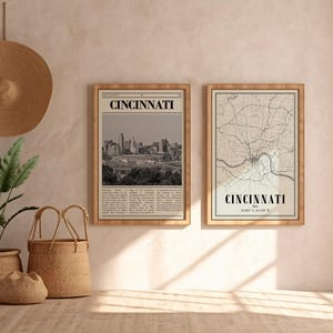 Cincinnati City Prints Set Ohio Black & White Photo, Map Poster Home Decor