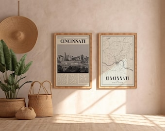 Cincinnati City prints set Ohio zwart-wit foto, kaartposter woondecoratie