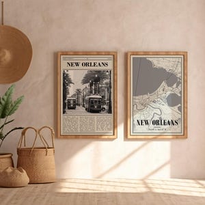 New Orleans Poster 2er-Set, Schwarzweißkarte und Foto, druckbare Stadtwandkunst für Büro, Eingang oder Geschenk, digitaler Download