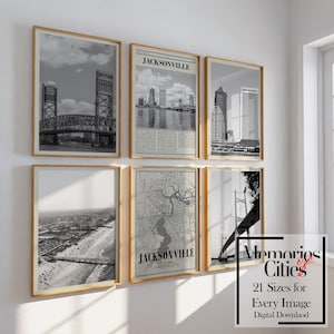 Jacksonville City Prints Set of 6 Jacksonville Poster Black and White Wall Art Jacksonville Photo Gallery Map Florida Digital Download