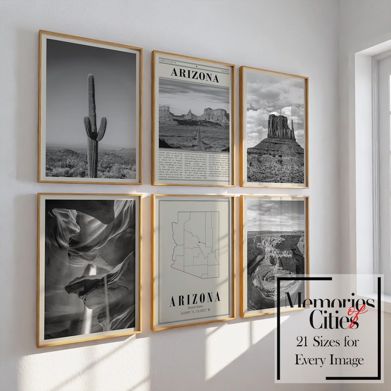 Arizona State Prints Set of 6 Arizona Poster Black and White Arizona Wall Art Arizona Photo Gallery Arizona Map State