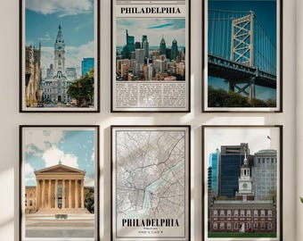 Philadelphia Pennsylvania Wall Art Set of 6 – Colorful Skyline & Landmark Printable Posters for Gallery Walls