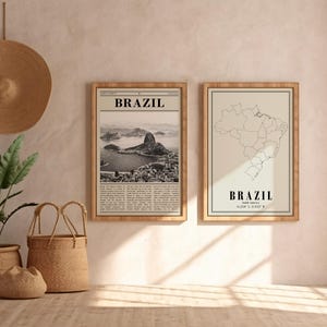 May include: Two framed prints with the word "BRAZIL" are displayed. One features a black and white image of a mountain and text, the other a map of Brazil. A woven hat and baskets are also in the image.