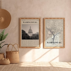 Washington DC-posterset van 2, zwart-wit afdrukbaar, stadsplattegrond en foto, kantoor of hal muurkunst, digitale download cadeau